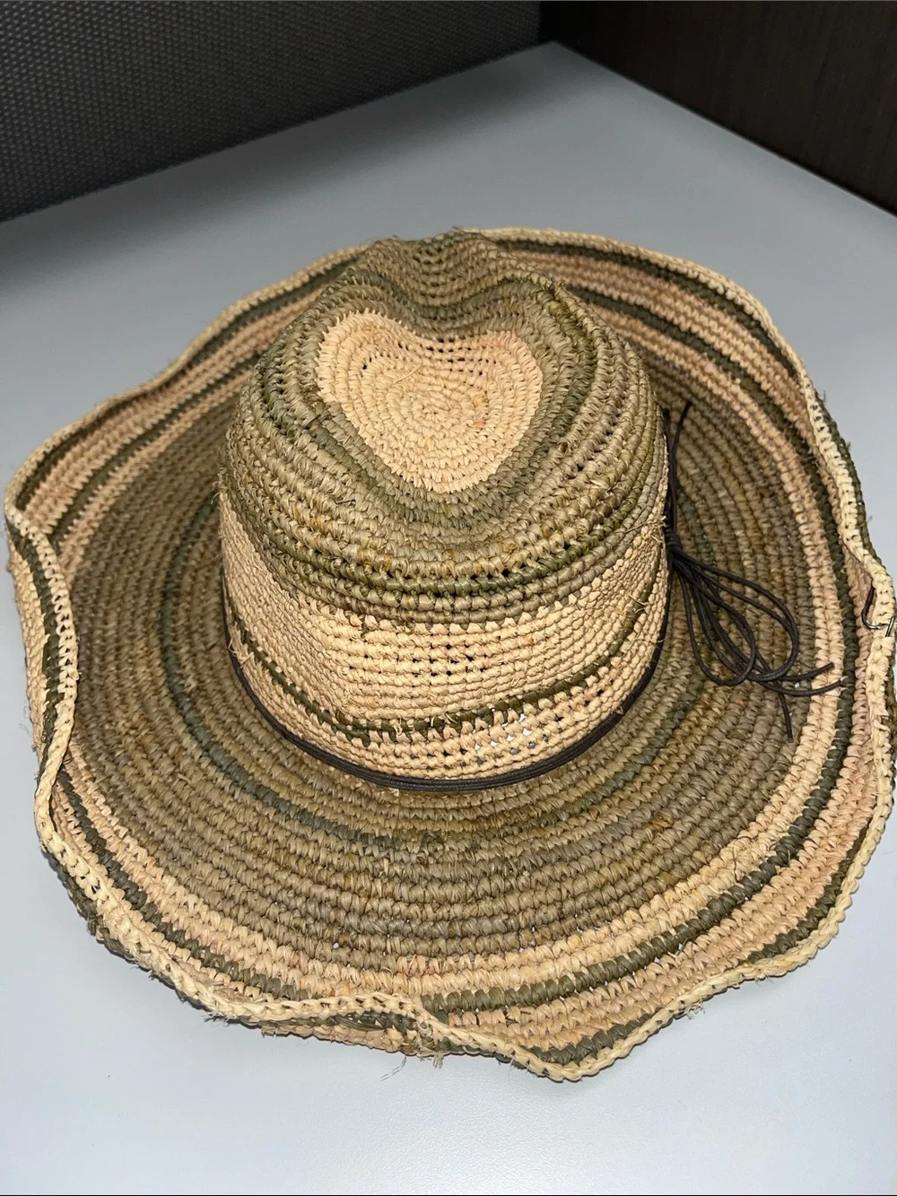 Woven Straw Sun Hat with Natural and Olive Tones / wired ends